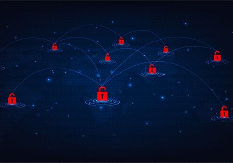 Geöffnete rote Sicherheitsschlösser vor blauem Hintergrund in globaler Vernetzung (Symbolbild für Botnetzwerk)