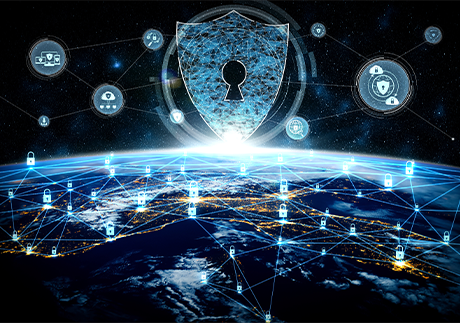 Kommunikationsnetz mit Schlosssymbolen über Globus gespannt (Ende-zu-Ende-Verschlüsselung)